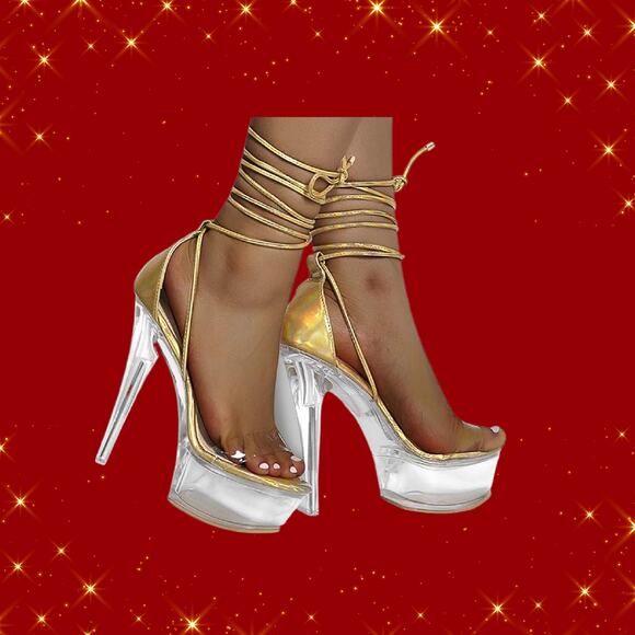 Ladies Size 7 Holographic Gold Ankle Wrap Strap Platform Stilettos - Picture 1 of 6
